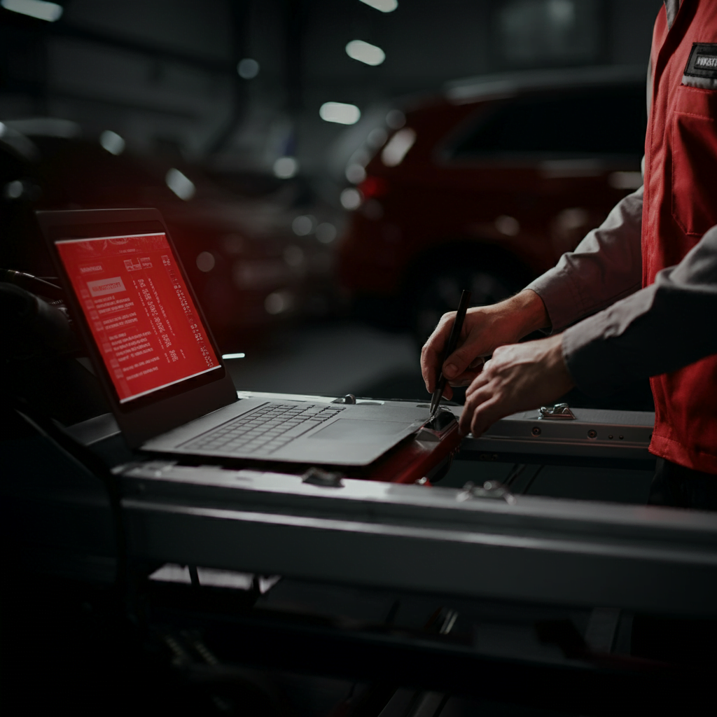 Mechanic performing vehicle diagnostic checks