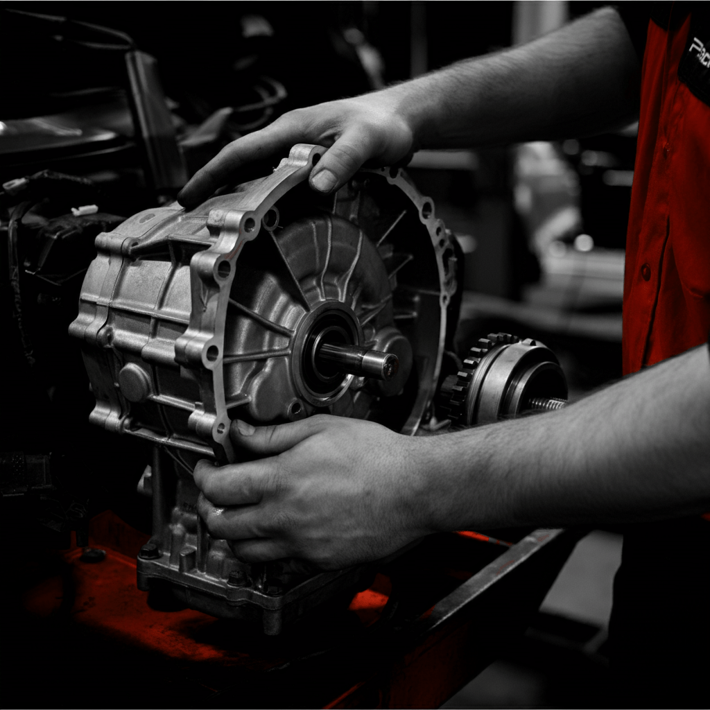 Technician repairing vehicle transmission