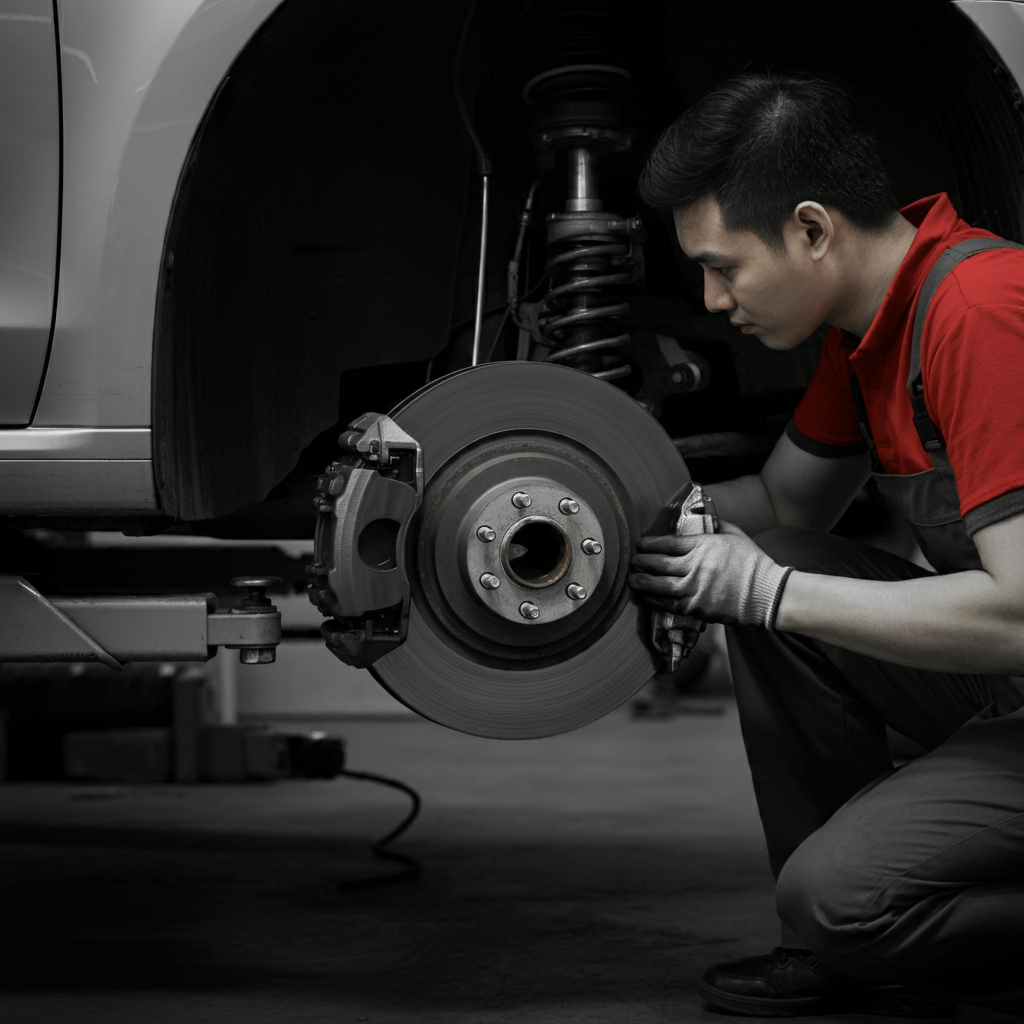 Mechanic inspecting car brakes