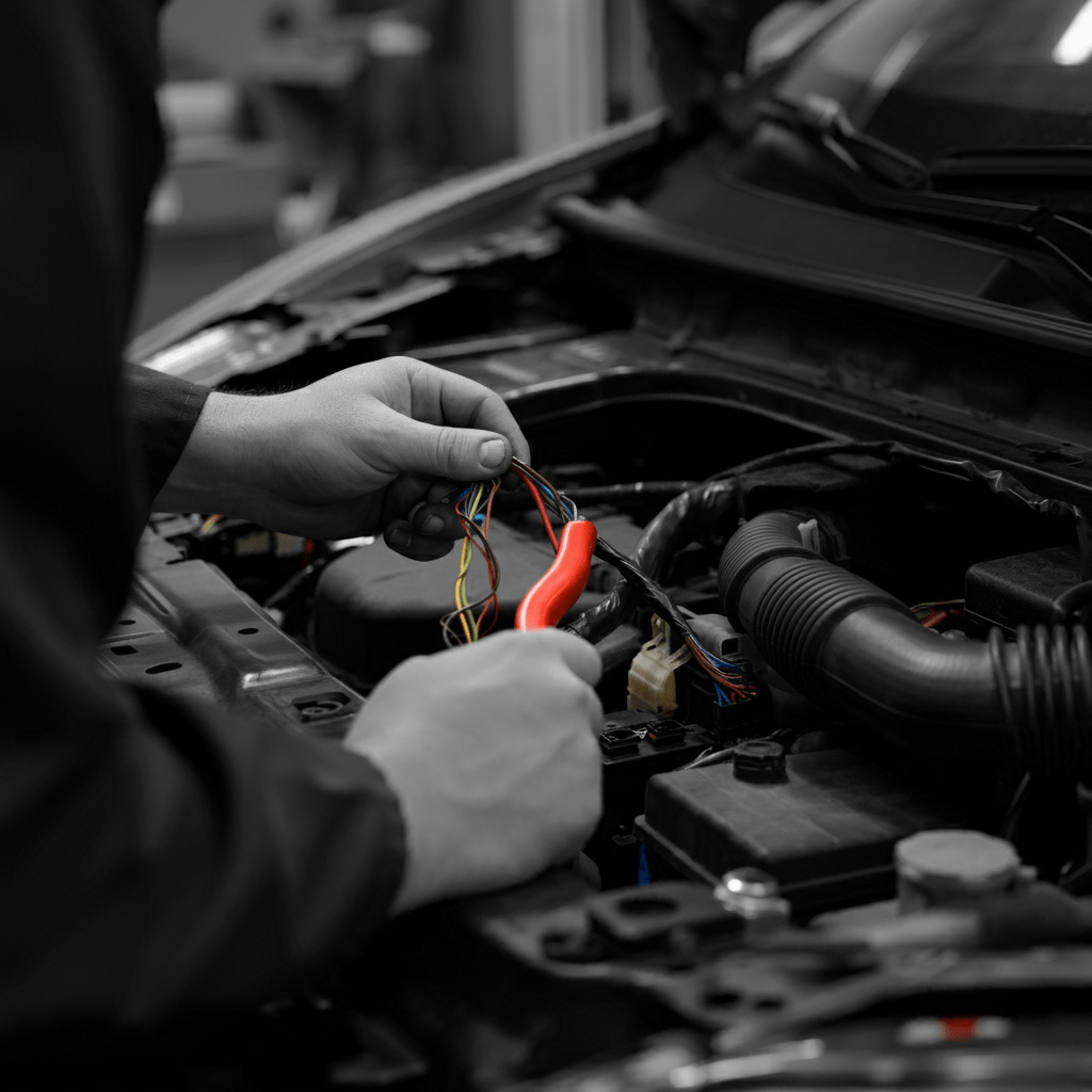 Technician working on vehicle electrical systems
